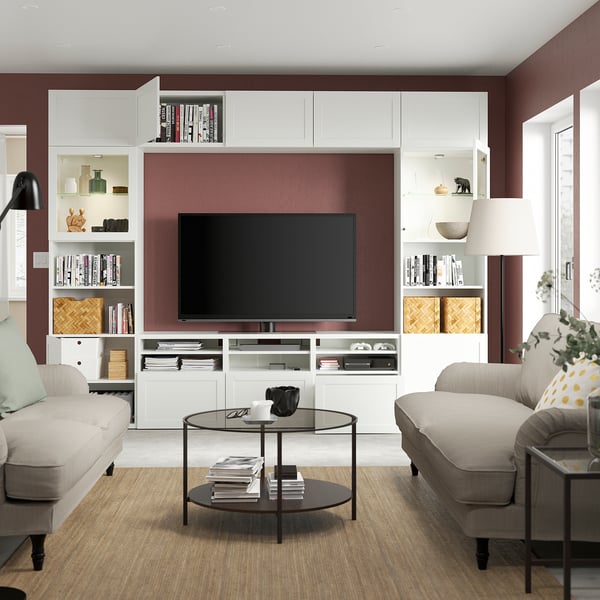 BESTÅ TV storage combination/glass doors, white/Hanviken white clear glass, 300x42x231 cm