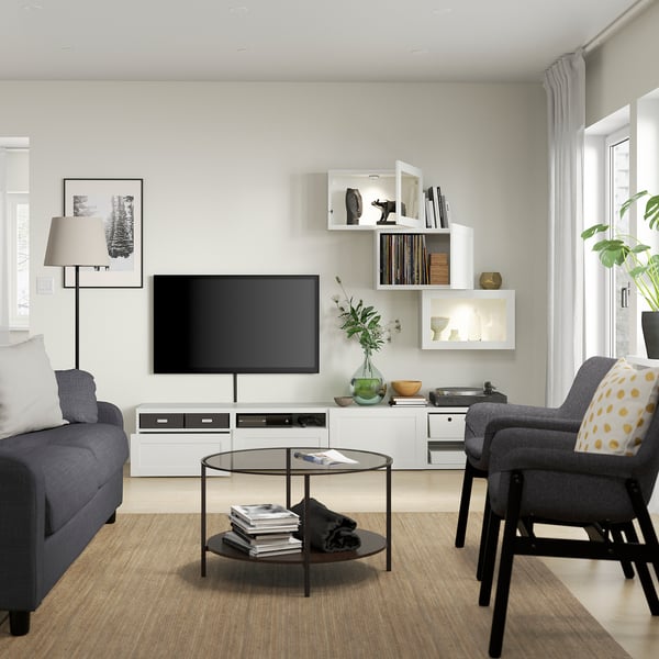 BESTÅ TV storage combination/glass doors, white/Hanviken white clear glass, 240x42x190 cm