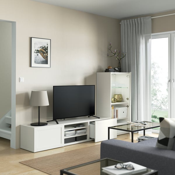 BESTÅ - BESTÅ TV storage combination/glass doors, white/Hanviken white clear glass, 240x42x129 cm