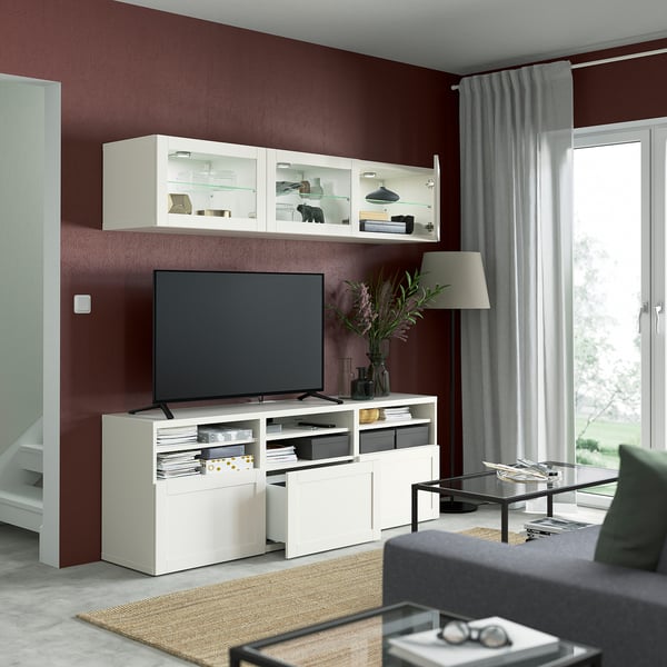 BESTÅ TV storage combination/glass doors, white/Hanviken white clear glass, 180x42x192 cm