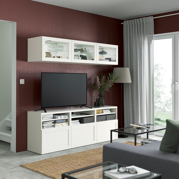 BESTÅ - BESTÅ TV storage combination/glass doors, white/Hanviken white clear glass, 180x42x192 cm