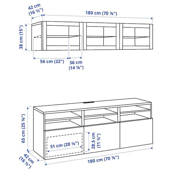 BESTÅ - TV storage combination/glass doors, white/Hanviken white clear glass, 180x42x192 cm