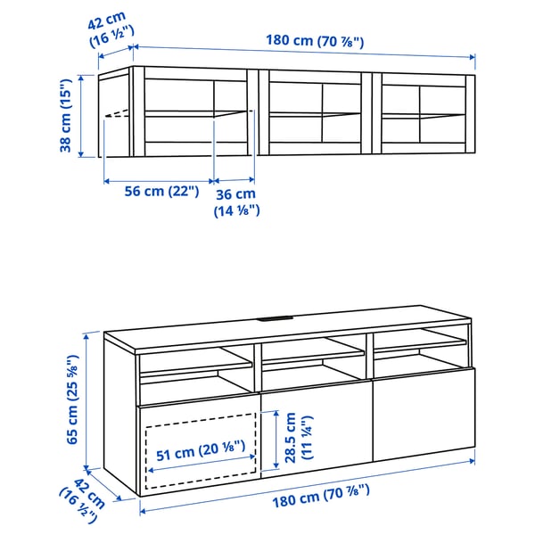BESTÅ TV storage combination/glass doors, white/Hanviken white clear glass, 180x42x192 cm