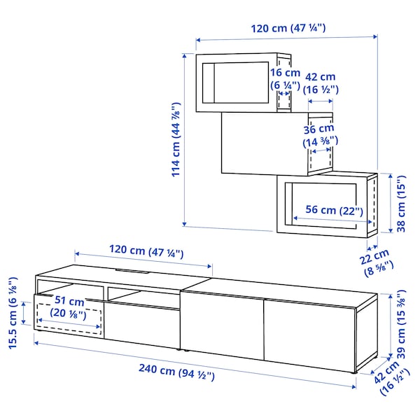 BESTÅ - TV storage combination/glass doors, white/Hanviken white clear glass, 240x42x190 cm