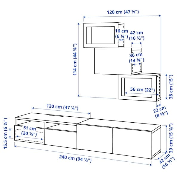Ikea BESTÅ - TV storage combination/glass doors, white/Hanviken white clear glass, 240x42x190 cm