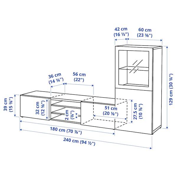 BESTÅ - TV storage combination/glass doors, white/Hanviken white clear glass, 240x42x129 cm