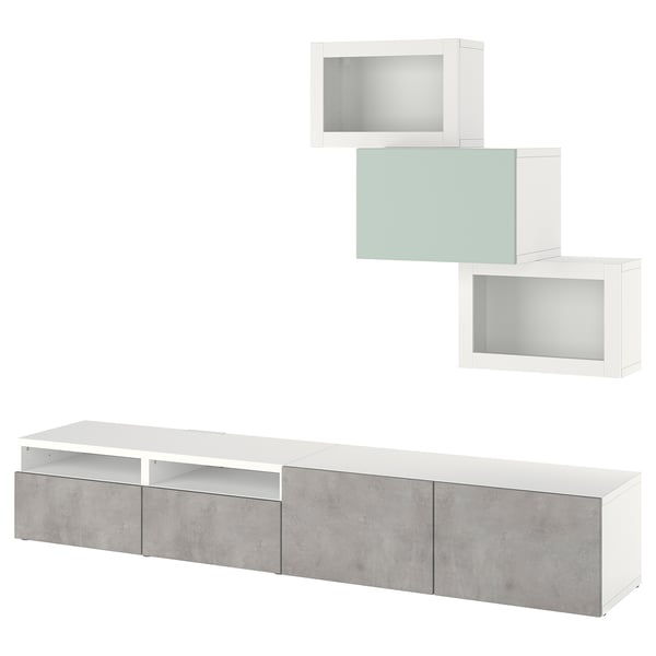 BESTÅ TV storage combination/glass doors, white Kallviken/Hjortviken light grey-green, 240x42x190 cm