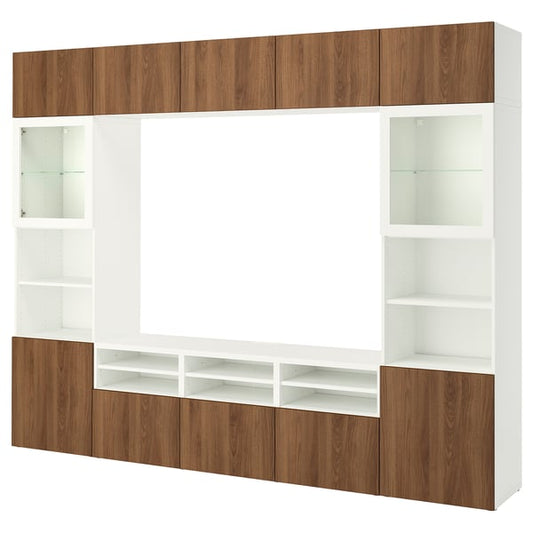 BESTÅ glass TV/ante combination, white Lappviken/ walnut effect clear glass, 300x42x231 cm Glass TV/ante combination, white Lappviken/ walnut effect clear glass,300x42x231 cm