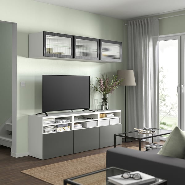 BESTÅ - BESTÅ TV storage combination/glass doors, white Lappviken/Fällsvik anthracite, 180x42x192 cm