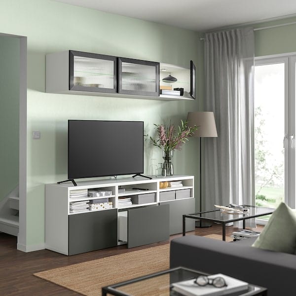 Ikea BESTÅ - TV storage combination/glass doors, white Lappviken/Fällsvik anthracite, 180x42x192 cm