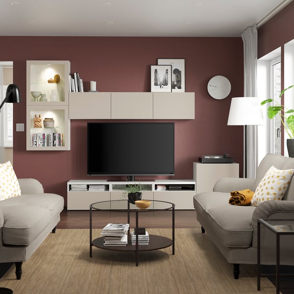 BESTÅ - BESTÅ TV storage combination/glass doors, white Lappviken/light grey-beige clear glass, 300x42x211 cm