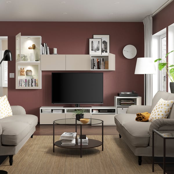 BESTÅ - BESTÅ TV storage combination/glass doors, white Lappviken/light grey-beige clear glass, 300x42x211 cm