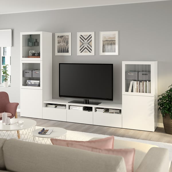 BESTÅ - BESTÅ TV storage combination/glass doors, white/Lappviken white clear glass, 300x42x193 cm