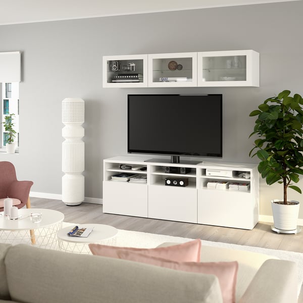 BESTÅ - BESTÅ TV storage combination/glass doors, white/Lappviken white clear glass, 180x42x192 cm