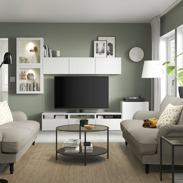 BESTÅ - BESTÅ TV storage combination/glass doors, white/Lappviken white clear glass, 300x42x211 cm