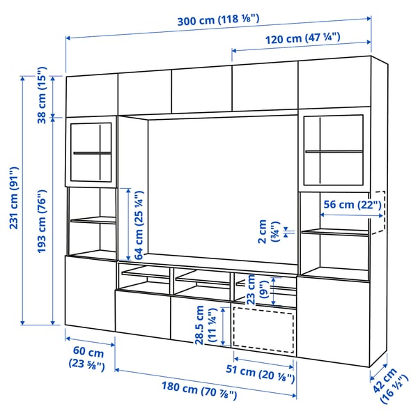 BESTÅ - BESTÅ TV storage combination/glass doors, white/Lappviken white clear glass, 300x42x231 cm
