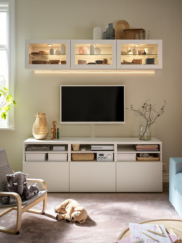 BESTÅ - BESTÅ TV storage combination/glass doors, white/Lappviken white clear glass, 180x42x192 cm