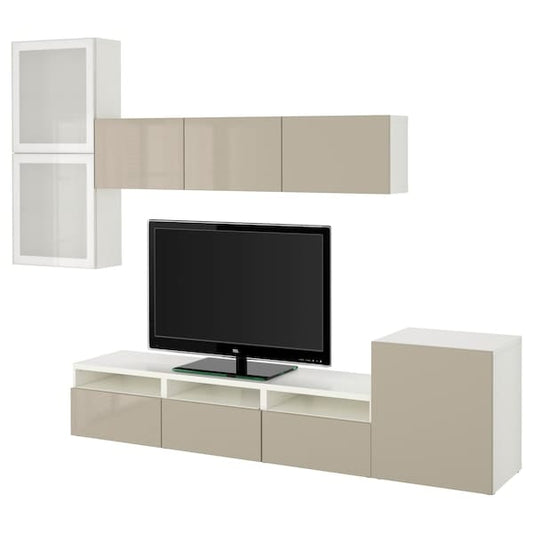 Ikea BESTÅ - TV/glass combination, white/Selsviken gloss/beige frosted glass,300x42x211 cm