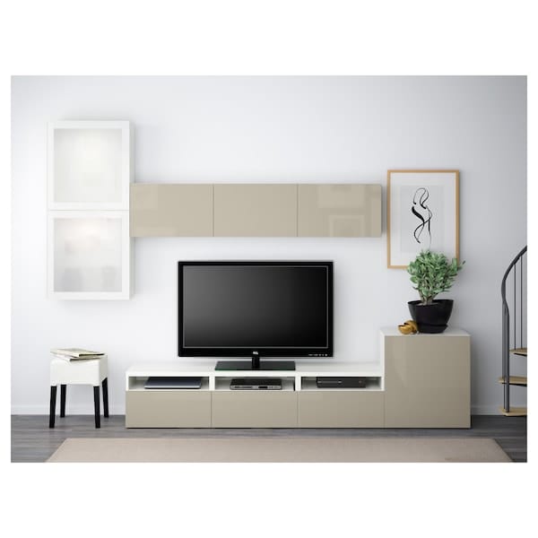 Ikea BESTÅ - TV/glass combination, white/Selsviken gloss/beige frosted glass,300x42x211 cm