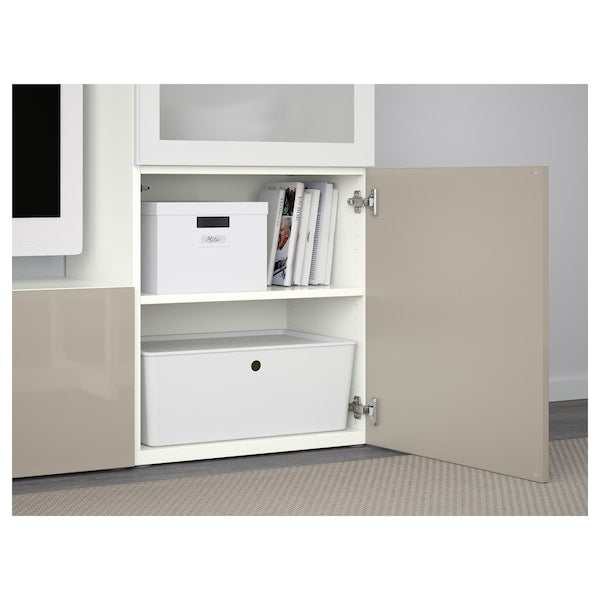 BESTÅ - TV/glass combination, white/Selsviken gloss/beige frosted glass,240x42x129 cm