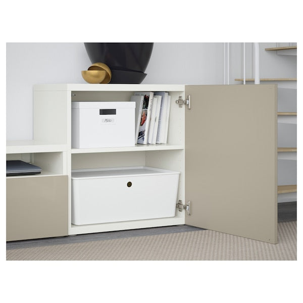 BESTÅ - TV set/glass combination, white/Selsviken gloss/beige frosted glass, 300x42x211 cm