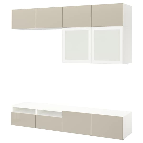 Ikea BESTÅ - TV/glass combination, white/Selsviken gloss/beige frosted glass,240x42x231 cm