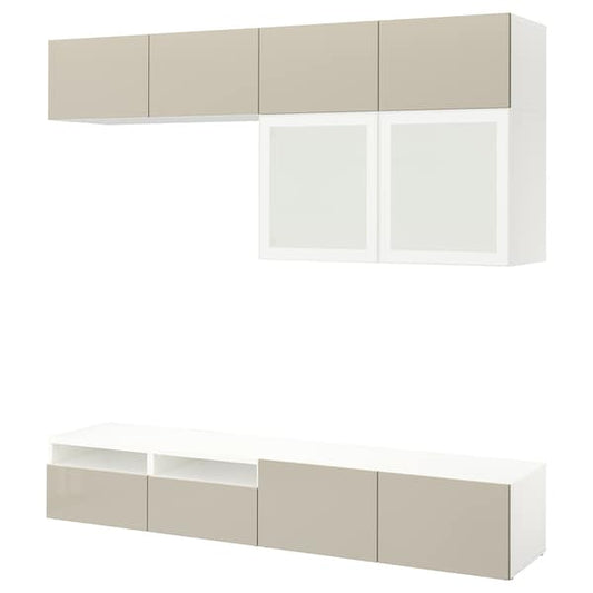 Ikea BESTÅ - TV/glass combination, white/Selsviken gloss/beige frosted glass,240x42x231 cm