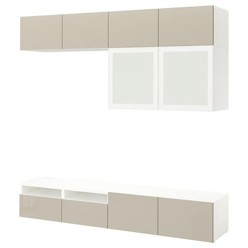 BESTÅ TV storage combination/glass doors, white/Selsviken high-gloss/beige frosted glass, 51x231x32.5 cm