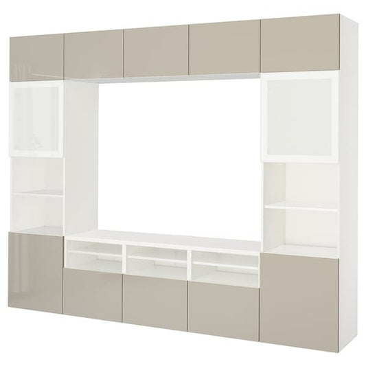 Ikea BESTÅ - TV/glass combination, white/Selsviken gloss/beige frosted glass,300x42x231 cm
