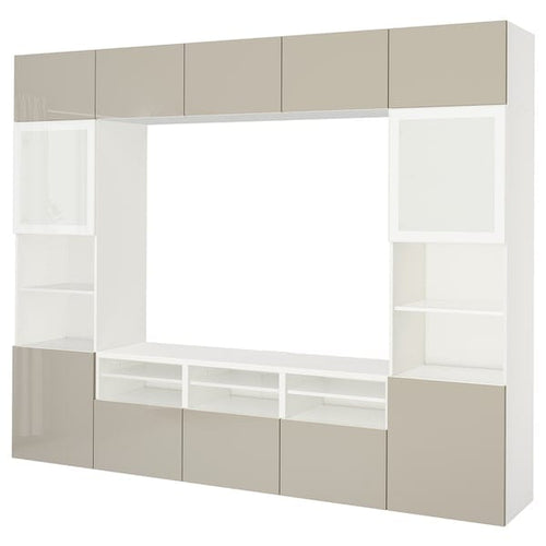 BESTÅ TV storage combination/glass doors, white/Selsviken high-gloss/beige frosted glass, 51x231x32 cm