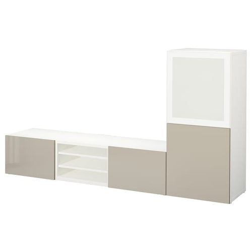 BESTÅ TV storage combination/glass doors, white/Selsviken high-gloss/beige frosted glass, 240x129x42 cm