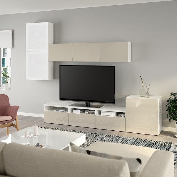 Ikea BESTÅ - TV/glass combination, white/Selsviken gloss/beige frosted glass,300x42x211 cm