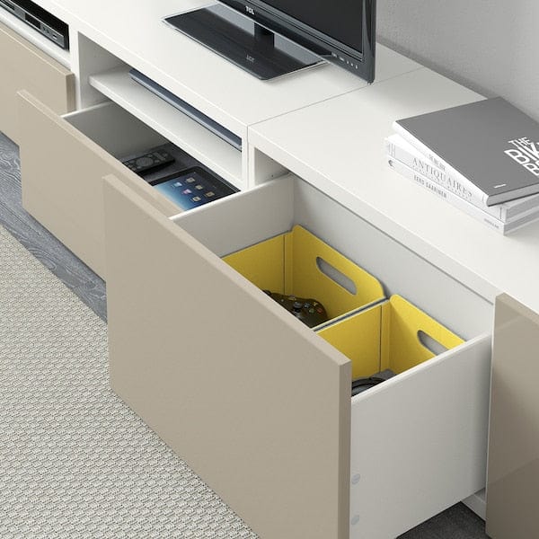 Ikea BESTÅ - TV/glass combination, white/Selsviken gloss/beige frosted glass,240x42x231 cm