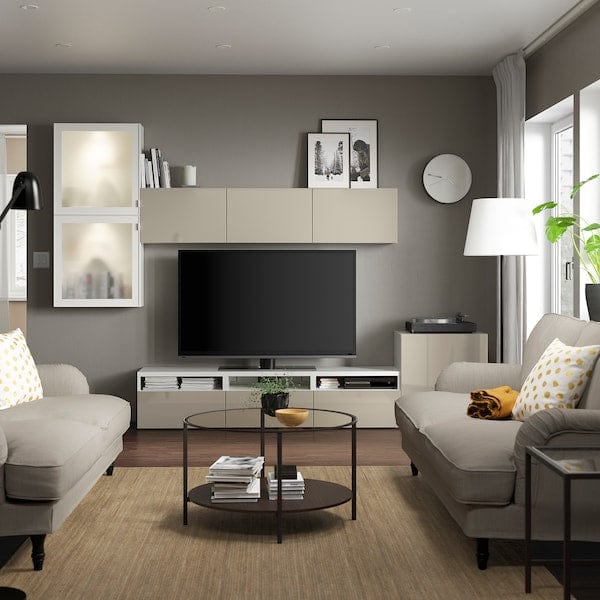 Ikea BESTÅ - TV/glass combination, white/Selsviken gloss/beige frosted glass,300x42x211 cm