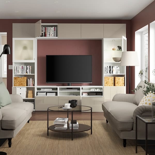 Ikea BESTÅ - TV/glass combination, white/Selsviken gloss/beige frosted glass,300x42x231 cm