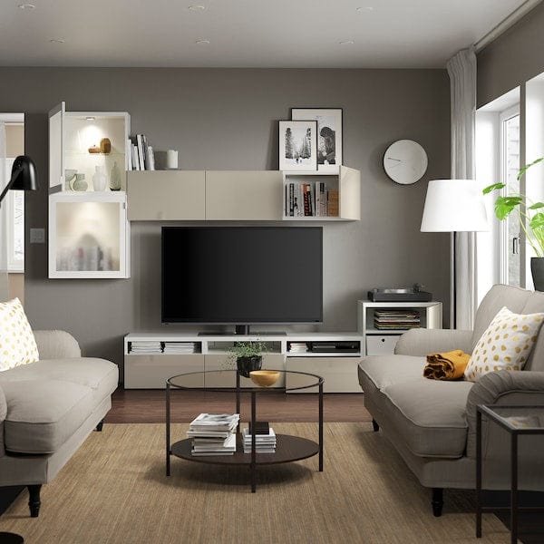 Ikea BESTÅ - TV/glass combination, white/Selsviken gloss/beige frosted glass,300x42x211 cm