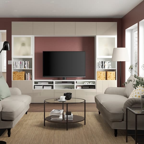 Ikea BESTÅ - TV/glass combination, white/Selsviken gloss/beige frosted glass,300x42x231 cm