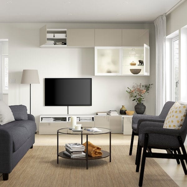 Ikea BESTÅ - TV/glass combination, white/Selsviken gloss/beige frosted glass,240x42x231 cm