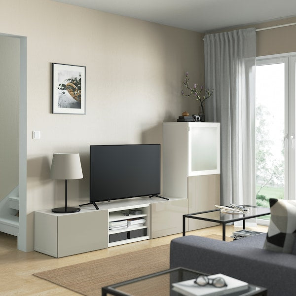 BESTÅ - TV/glass combination, white/Selsviken gloss/beige frosted glass,240x42x129 cm