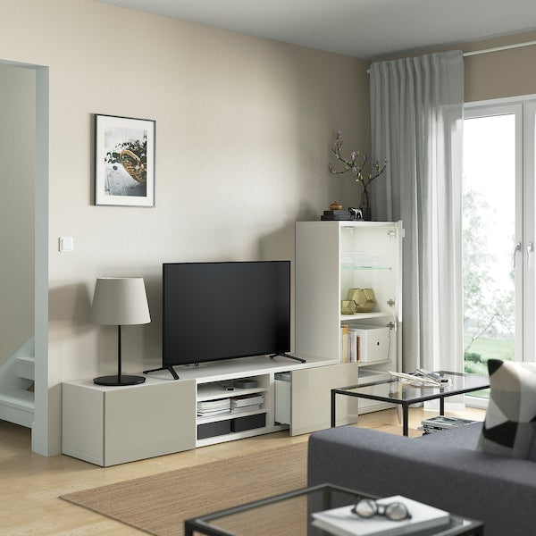 BESTÅ - TV/glass combination, white/Selsviken gloss/beige frosted glass,240x42x129 cm