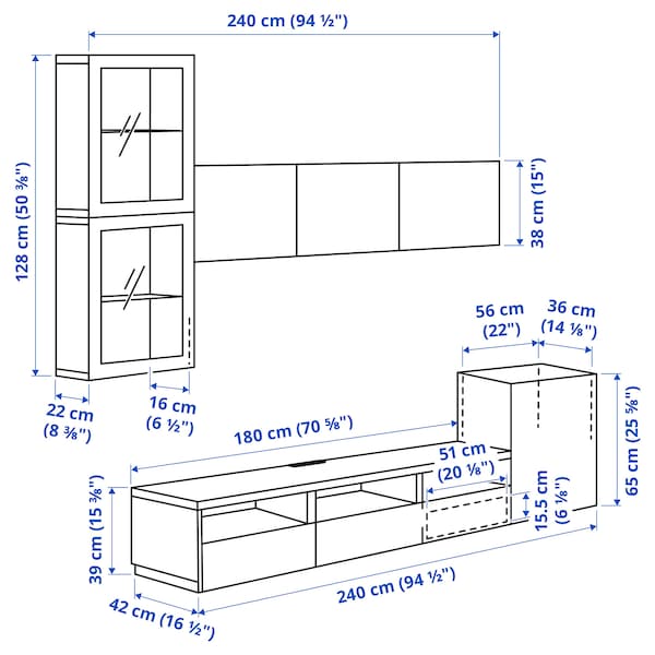 Ikea BESTÅ - TV set/glass combination, white/Selsviken gloss/beige frosted glass, 300x42x211 cm