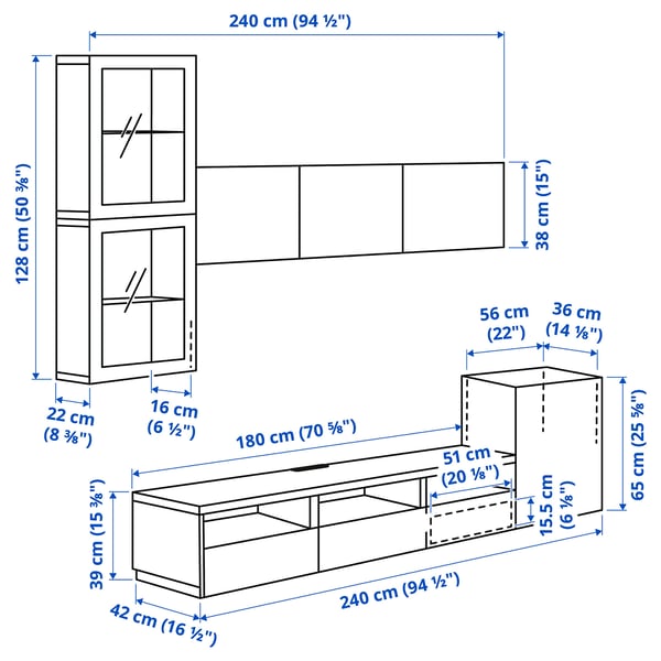 BESTÅ TV storage combination/glass doors, white/Selsviken high-gloss/beige frosted glass, 300x42x211 cm