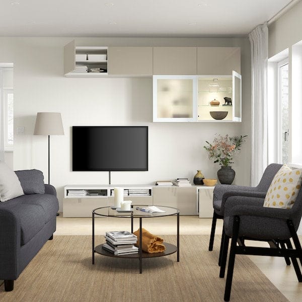 Ikea BESTÅ - TV combination / glass doors, white / Selsviken high-gloss / beige frosted glass, 240x42x231 cm
