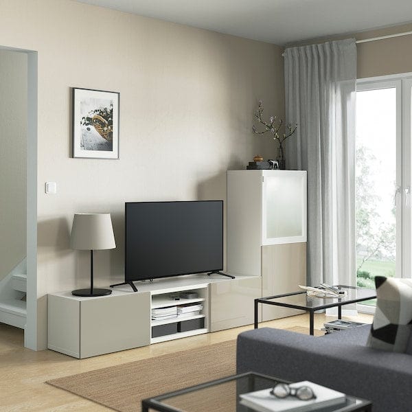 Ikea BESTÅ - TV combination / glass doors, white / Selsviken high-gloss / beige frosted glass, 240x42x129 cm