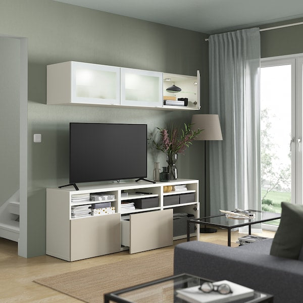 BESTÅ - TV combination / glass doors, white / Selsviken high-gloss / beige frosted glass, 180x42x192 cm