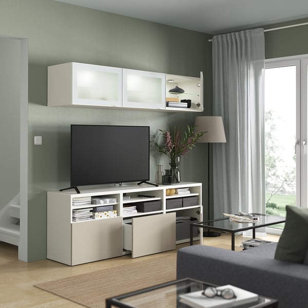 BESTÅ TV storage combination/glass doors, white/Selsviken high-gloss/beige frosted glass, 180x42x192 cm
