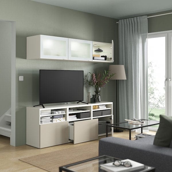 Ikea BESTÅ - TV combination / glass doors, white / Selsviken high-gloss / beige frosted glass, 180x42x192 cm
