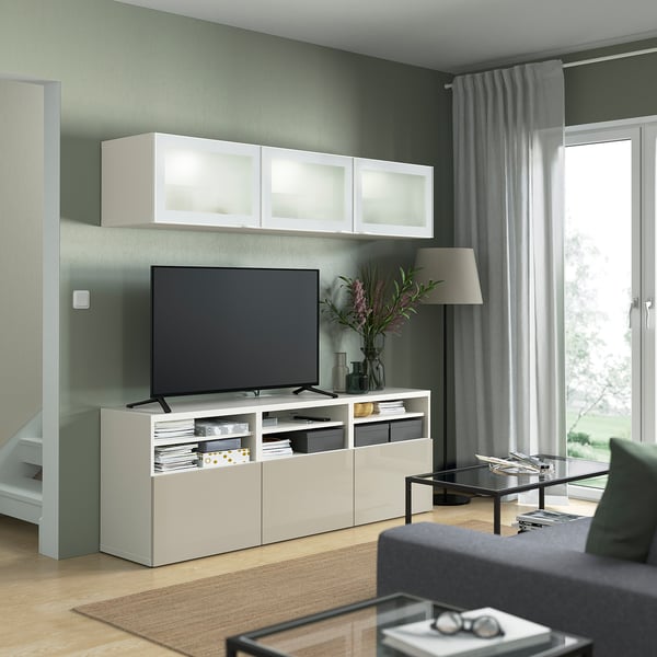 BESTÅ TV storage combination/glass doors, white/Selsviken high-gloss/beige frosted glass, 180x42x192 cm
