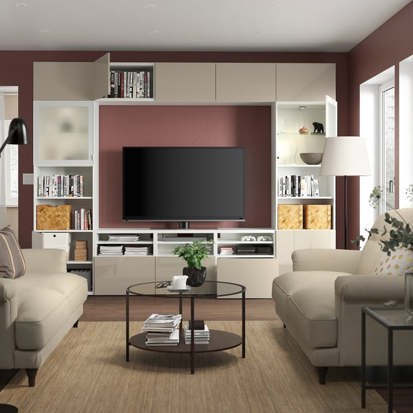 BESTÅ TV storage combination/glass doors, white/Selsviken high-gloss/beige frosted glass, 300x42x231 cm
