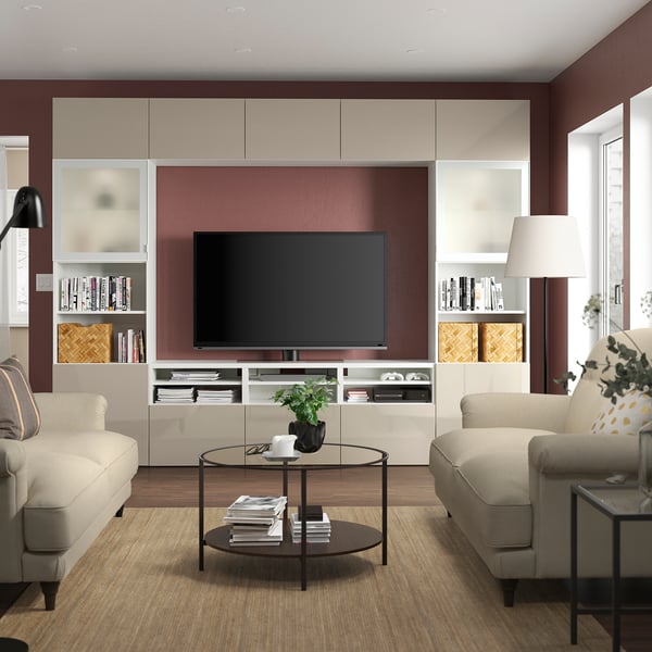 BESTÅ TV storage combination/glass doors, white/Selsviken high-gloss/beige frosted glass, 300x42x231 cm